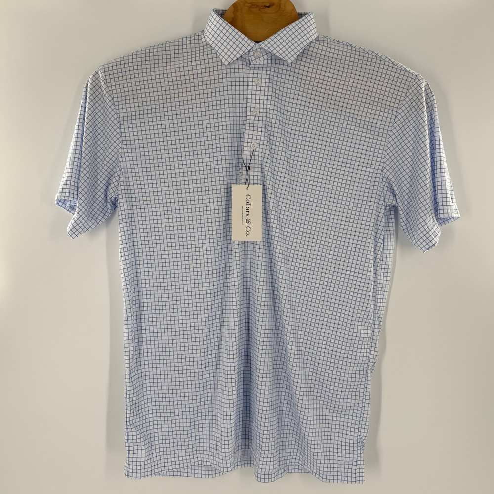 Collars & Co Mens XL Dress Collar Polo Shirt Blue White Windowpane Check NWT